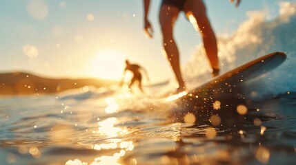Surfers captured in action as they ride the waves during a vibrant sunset, with the golden light reflecting off the water, creating a dynamic and exhilarating atmosphere.