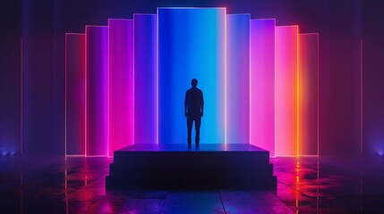 Person in a dark setting, illuminated by the vibrant glow of a neon podium, with a high-quality backdrop featuring abstract light patterns for a dramatic and engaging composition 