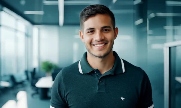 Environmental portrait video of a pleased man in his 20s wearing a sporty polo shirt against an office or corporate background