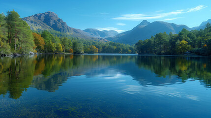 Fototapeta premium Reflection Shot of Calm Lake with Mirrored Mountains and Trees Under Clear Sky
