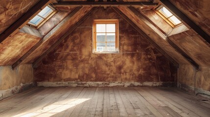 Plastered brown walls ready for paint, loft converted with roof windows