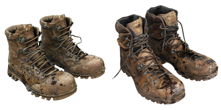 A pair of rugged, muddy hiking boots showcasing wear and tear, perfect for outdoor adventure and exploration themes.