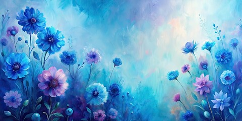 Abstract oil painting of blue and purple flowers on a soft blue background, flowers, abstract, oil painting, blue, purple