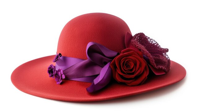 Stylish red hat for women with purple silk ribbon and rosettes on white background