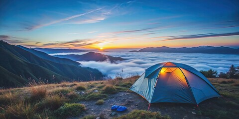 Tourist tent camping high in the mountains at sunset, mountains, camping, tent, tourist, adventure, outdoors, nature