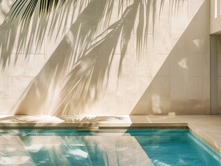 4. Poolside luxury scene with a plaster wall bathed in sunlight, the shadow of palm fronds, and sparkling blue pool water, epitomizing a beach vacation retreat with minimalist architecture