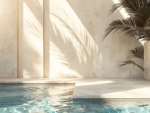 4. Poolside luxury scene with a plaster wall bathed in sunlight, the shadow of palm fronds, and sparkling blue pool water, epitomizing a beach vacation retreat with minimalist architecture