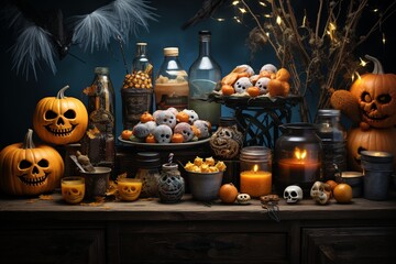 Obraz premium Halloween Still Life, a Kid's Candy Paradise, Trick-or-Treat Delights and Pumpkin Surprises Galore