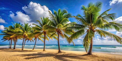 Tropical palm trees sway in the breeze on a sandy beach, tropical, palm trees, beach, vacation, paradise, exotic, nature