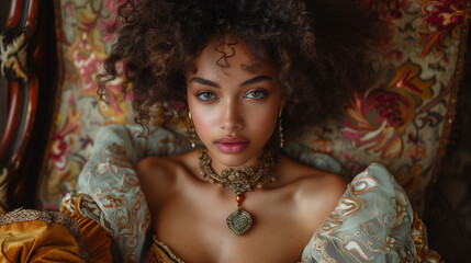 Model in Renaissance-Inspired Costume with Velvet and Elaborate Embroidery