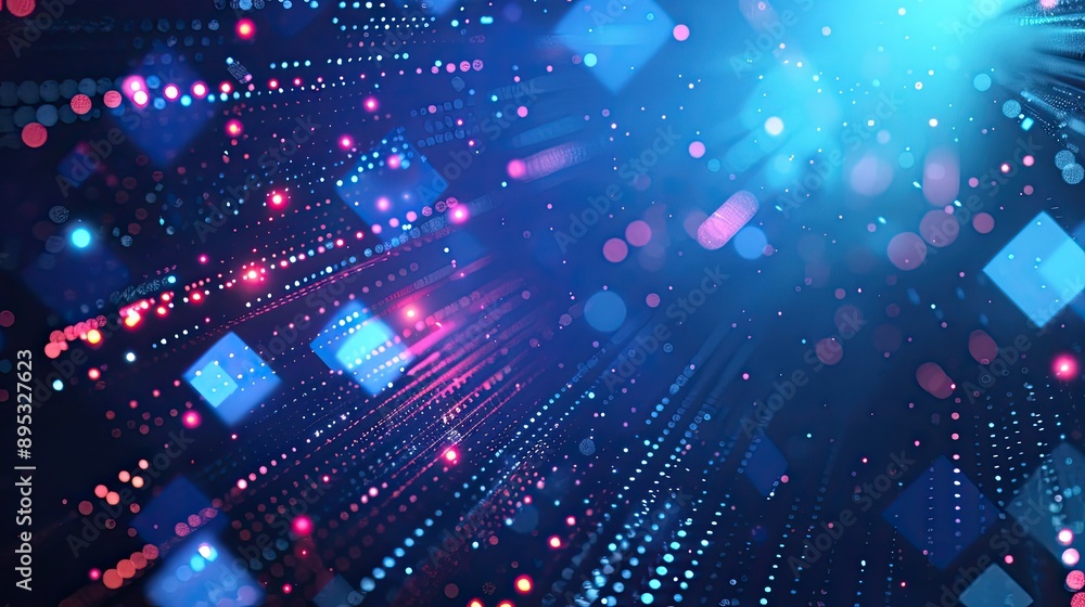 Poster a captivating display of digital lights in blue and pink hues, forming a pattern of dots and lines, 