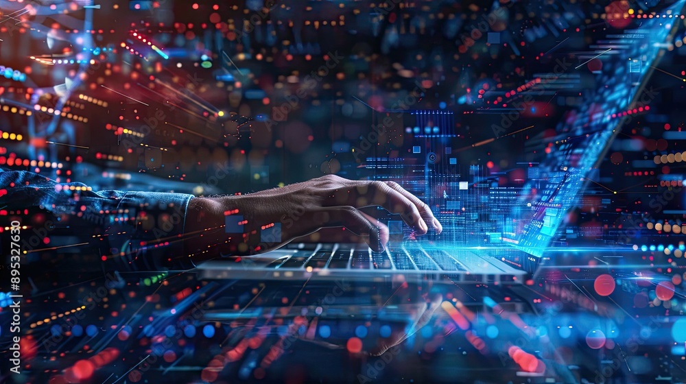 Poster hands typing on a laptop with a dynamic overlay of digital data and network connections, illustratin