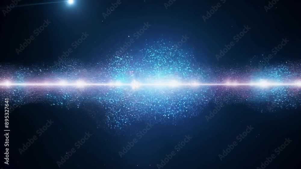 Poster a of quantum particles spin rapidly maintaining a tight formation as they move forward with determin
