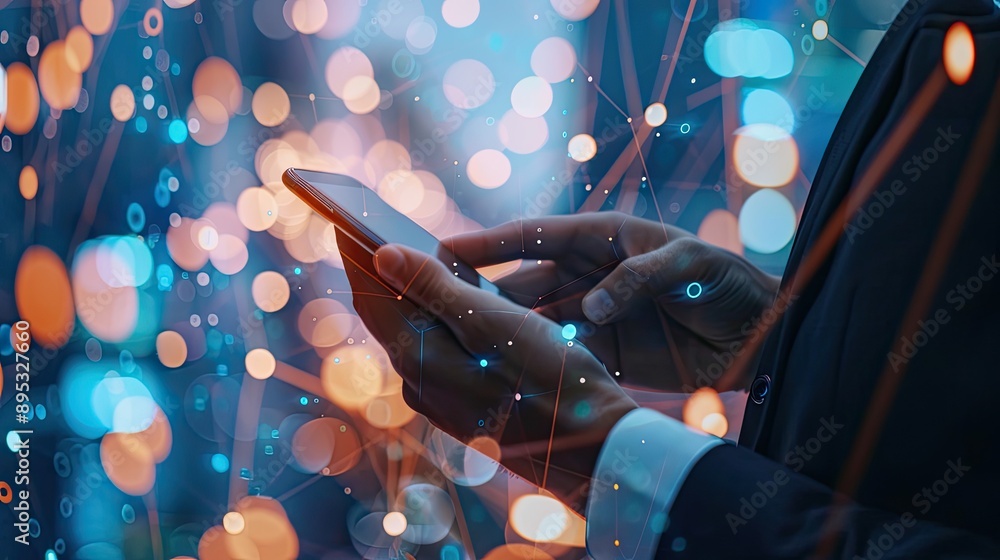 Poster close-up of hands holding a smartphone with a glowing network of connections and bokeh lights in the