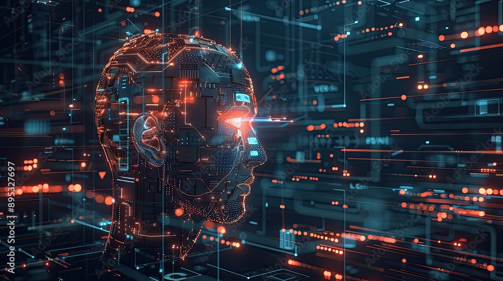 Poster a futuristic digital representation of a human head with intricate circuits and glowing lines, showc