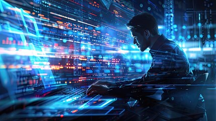 Man working on a computer surrounded by holographic digital data and code, symbolizing high-tech programming and cybersecurity