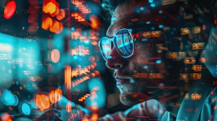 Close-up of a man wearing glasses reflecting code and data, emphasizing the focus on programming and software development