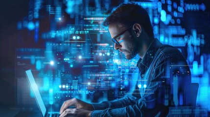 Man intensely focused on typing at a laptop with digital data visuals, depicting programming and technology