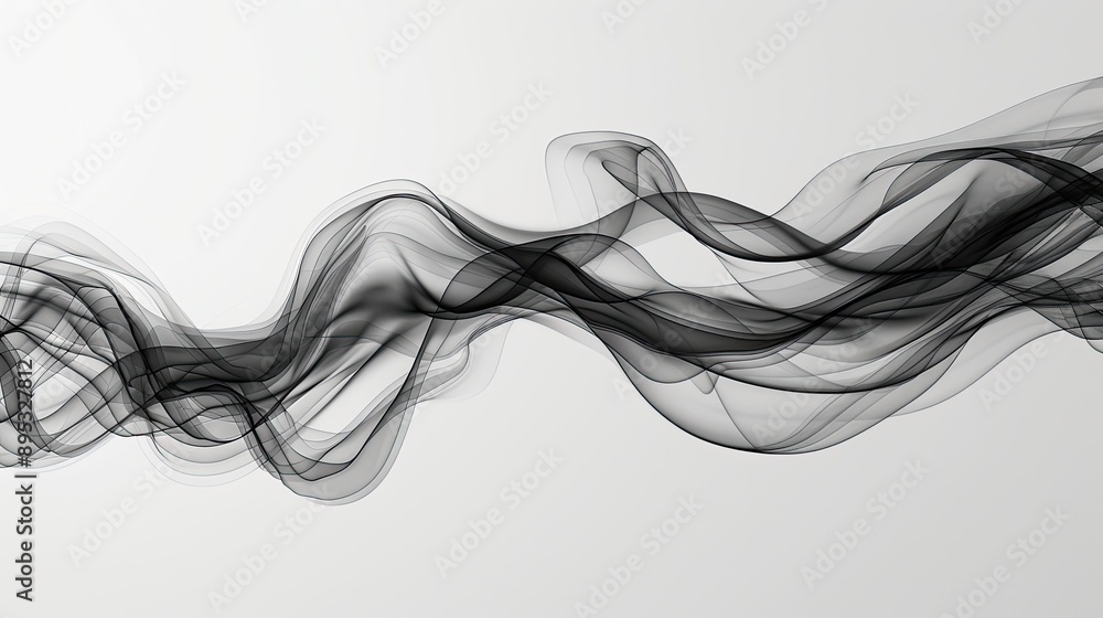 Poster abstract black and white image of wavy smoke-like lines on a light background, creating a flowing an