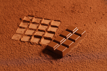 Tasty sweet chocolate on cocoa powder