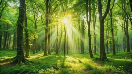 Obraz premium Lush green forest with sunlight filtering through the trees, nature, scenery, trees, forest, lush, green, sunlight