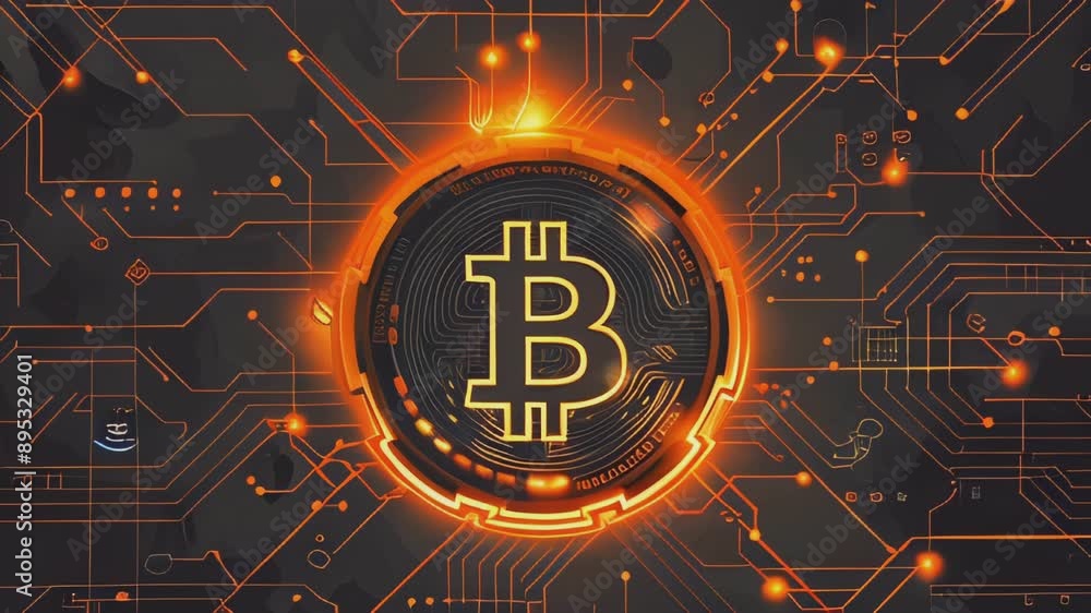 Poster zoom in of a stylized bitcoin symbol glows brightly on an abstract orange circuit board background. 