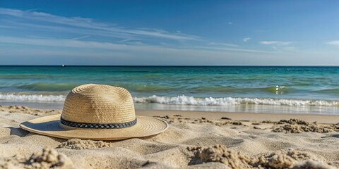 Summer composition on sandy beach with hat at blue sea as background, Summer, beach, sand, hat, blue sea, vacation