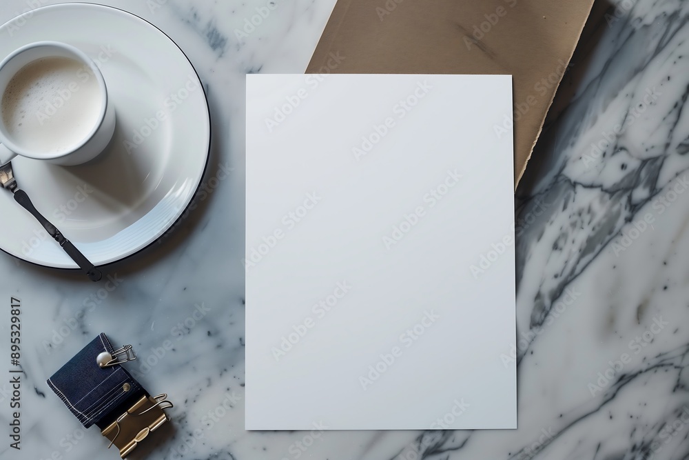 Aufkleber flatlay paper mockup on table, modern and minimalistic design