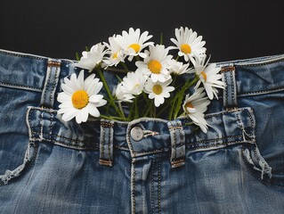 4. Detailed image of a handful of daisies arranged in the back pocket of denim jeans, isolated on a black background for contrast