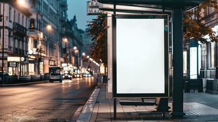 Blank advertising poster mockup template on an empty bus stop by the road