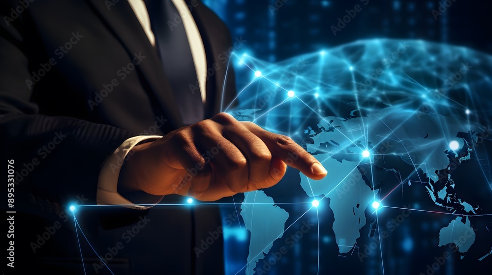 Aufkleber global network connection - businessman pointing at world map.