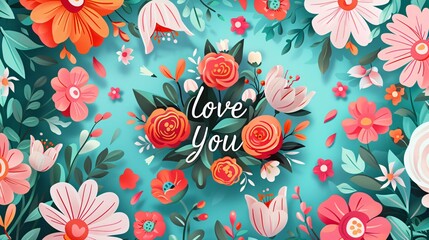 Fototapeta premium 2. Beautiful Happy Mother's Day card featuring the heartfelt message Love you mom, adorned with a bouquet of fresh, blooming flowers in a festive layout