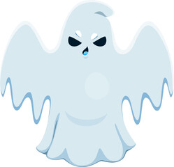 Cartoon halloween ghost character. Isolated vector spook personage, white evil specter, floating apparition with sad or spooky facial expression. Creepy monster, scary bogey yell with raised hands