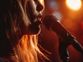 A woman singing into a microphone on stage at a concert