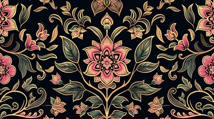 A seamless vintage floral pattern featuring lotus flowers with gold decorative elements and swirling ornaments