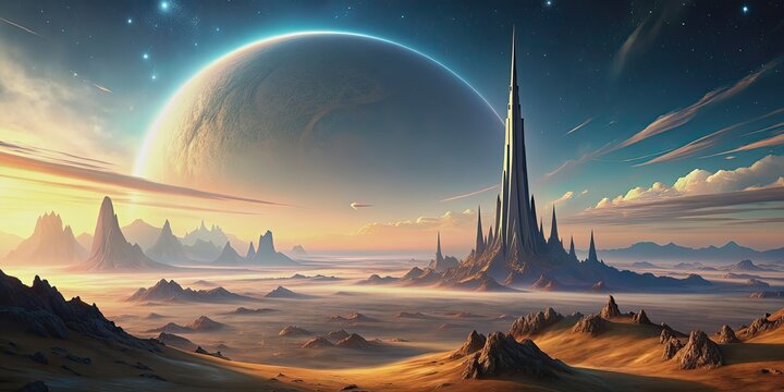Alien landscape with a towering spire against a giant planet backdrop at dawn, embodying a surreal and futuristic world