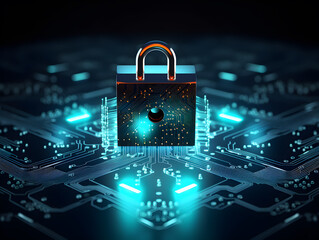 Lock with circuit pattern. Concept of data security, cybersecurity, cyber defense. AI generative