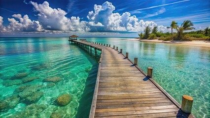 A serene pier extending into the crystal clear waters of a Bahamas beach , Tropical, Relaxation, Pier, Caribbean, Tranquil