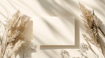 1. A blank greeting card and invitation mockup set on a beige table background, surrounded by dry grass and pampas plants. The flat lay composition features soft shadows, providing ample copyspace