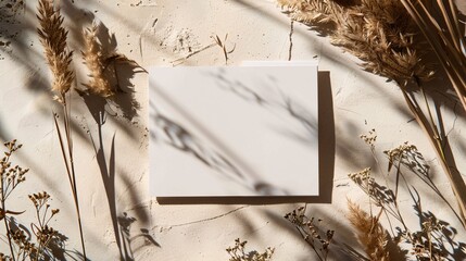 1. A blank greeting card and invitation mockup set on a beige table background, surrounded by dry grass and pampas plants. The flat lay composition features soft shadows, providing ample copyspace