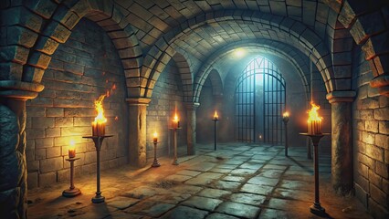 Obraz premium Scary abandoned dungeon with flickering torches and eerie shadows, dungeon, scary, abandoned, spooky, dark, creepy, haunted