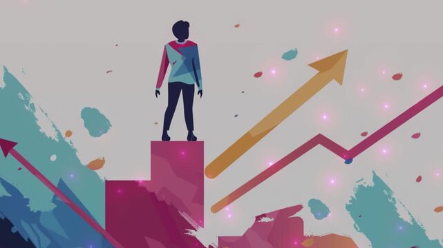Empowering Success: Business Growth Concept with Confident Man Standing on Rising Bar Graph in Vibrant Background