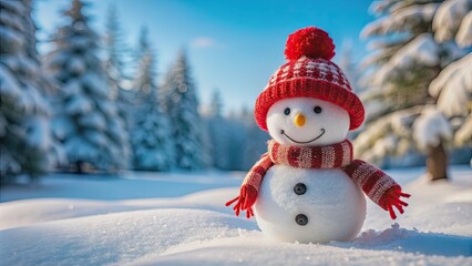 Fototapeta premium Adorable snowman with red hat and scarf standing in snowy landscape, cute, snowman, snow, winter, red hat, scarf, cold