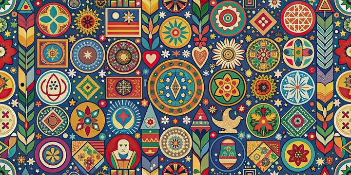 Various global symbols and motifs representing cultural diversity in seamless patterns, diverse, cultural, diversity
