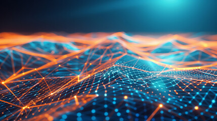 Modern tech design featuring a blue and orange polygonal grid with interconnected nodes and a digital gradient