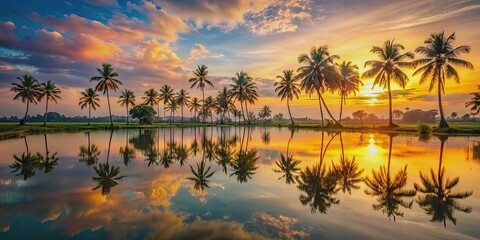 Stunningly beautiful sunset landscape in Sri Lanka with palm trees and water reflections, sunset, landscape, Sri Lanka