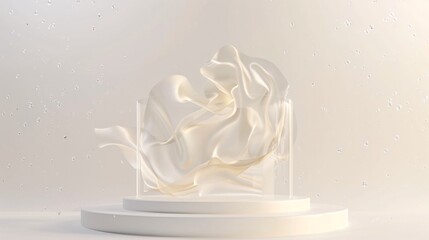 4. Refined 3D rendering of a transparent glass podium with contemporary abstract art, set against a pure white backdrop ideal for showcasing products with ample copy space