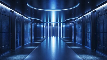 1. Elegant 3D rendering of a futuristic room in deep navy blue colors, featuring sophisticated lighting that creates a stunning background for product presentation