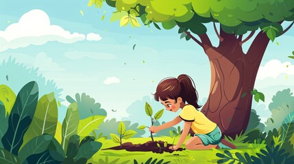 2. Detailed vector cartoon of a young girl kneeling to plant a tree, surrounded by lush greenery and a cheerful landscape, capturing the essence of nature and growth