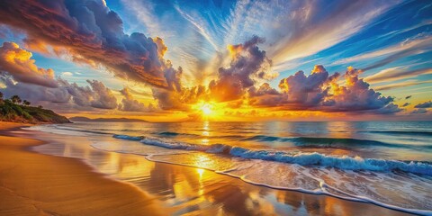 Sunset painting on canvas capturing the beauty of the beach at dusk , Sunset, beach